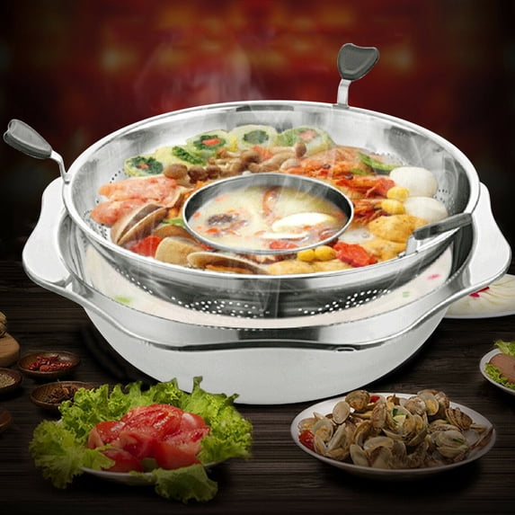 32cm Stainless Steel Rotating Hot Pot Steamboat Basin Double-Layer Detachable