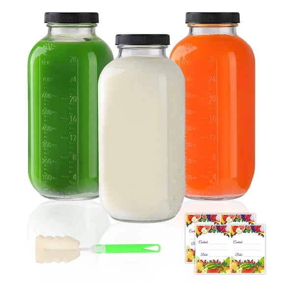 32fl.oz-3Pack Glass Juice Bottles With Lids For Kombucha Lemonade Smoothies Craft Soda