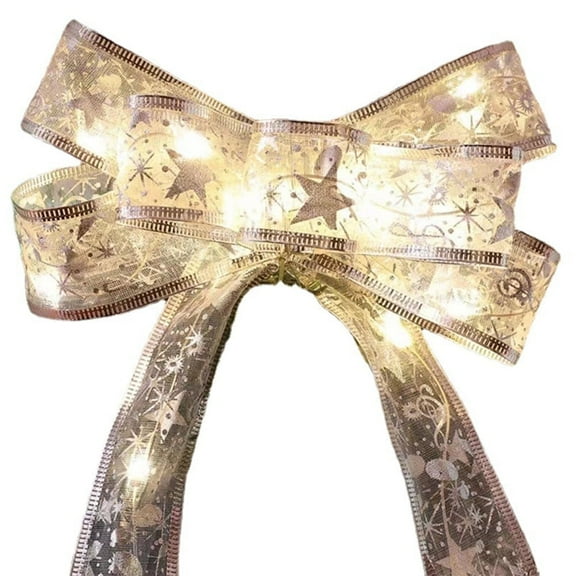 32ft 100 LED Christmas Tree String Lights with Copper Wire and Ribbon Bows, Battery-Powered Gold Warm Light for Holiday Decorations