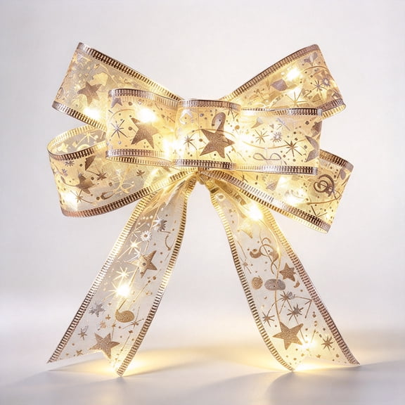 32ft 100 LED Christmas Tree String Lights with Copper Wire and Ribbon Bows, Battery-Powered Gold Warm Light for Holiday Decorations