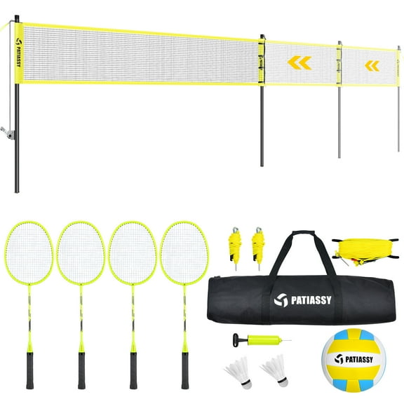 32ft/26ft/20ft Adjustable Volleyball Badminton Combo Set with Net 4 Rackets Ball