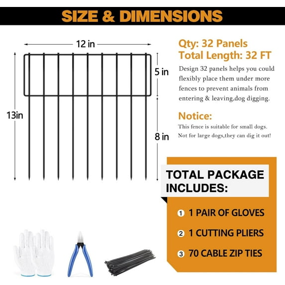 32ft Animal Barrier Fence with 32 Panels, No Rabbit Dog Fence, Rustproof Metal Garden Border