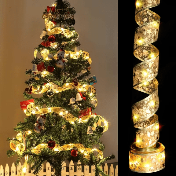32ft Christmas Tree Ribbon With 100 Led Lights, Gold Ribbon With Wire, Used For Christmas Trees, Battery Powered, Christmas Tree Decorations, Christmas Ribbon Lights