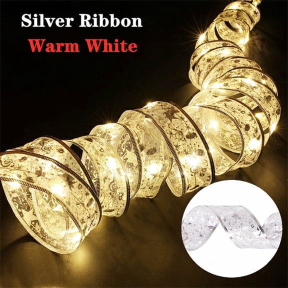 32ft Silver Christmas Ribbon LED String Lights, Battery Powered Glowing Ribbon Lights, DIY Hanging Decor for Xmas Tree, New Year & Christmas Party Indoor Decoration