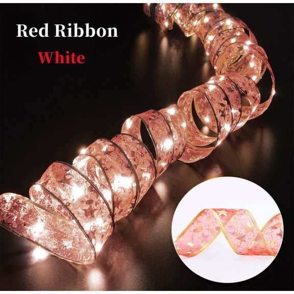 32ft Red Christmas Ribbon LED String Lights, Battery Powered Glowing Ribbon Lights, DIY Hanging Decor for Xmas Tree, New Year & Christmas Party Indoor Decoration