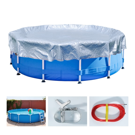 32ft Round Pool Winter Cover (Fits 28ft-29ft) UV-Resistant Silver/Blue, Heavy-Duty Waterproof Guard with Winch & Cable, Built for Year-Round Outdoor Protection
