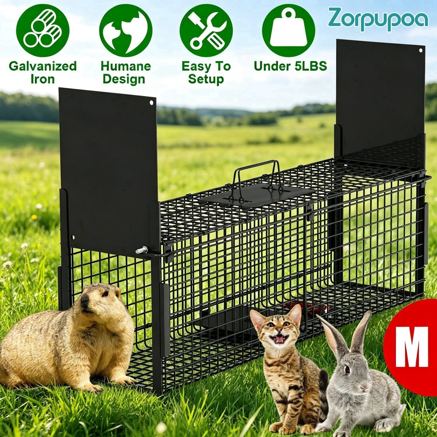 zorpupoa 32in 2 Door Humane Live Animal Trap Cage Galvanized Iron Easy Setup Catch & Release for Raccoons Squirrels Rabbits Under 12 lbs for Outdoor Yard Garden