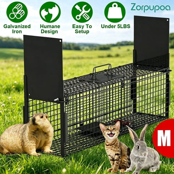Zorpupoa 32in 2-Door Galvanized Iron Humane Live Animal Trap, Easy Setup Catch & Release for Raccoons, Squirrels, Rabbits Under 12 lbs