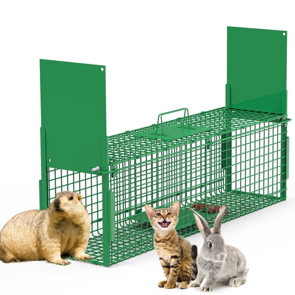 32in 2 Door Humane Live Animal Trap Cage - Catch & Release Galvanized Iron Trap for Raccoons, Rabbits, Groundhogs, Skunks, Opossums, Nutria, Stray Cats, Small Dogs & More Animals Under 12LBS