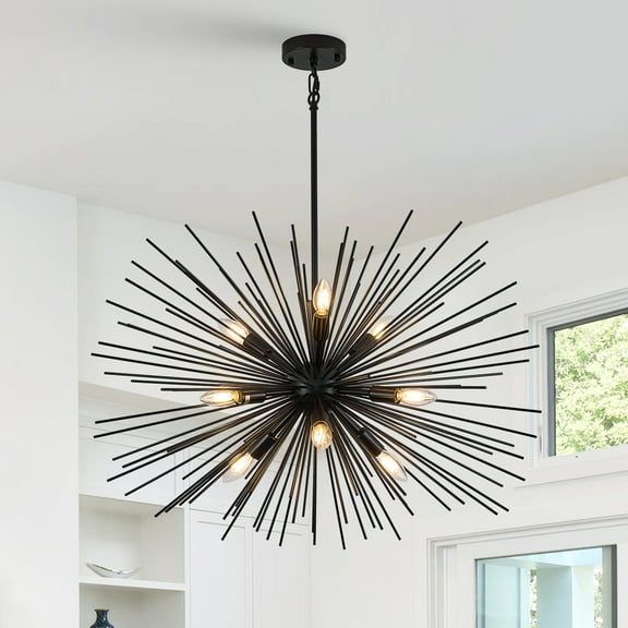 32in Black Sputnik Chandelier Solid Metal Starburst Chandelier Light Fixture 9-Light Mid-Century Modern Satellite Light Fixture for Living Room Dining Room Foyer Study Room Bathroom,E12
