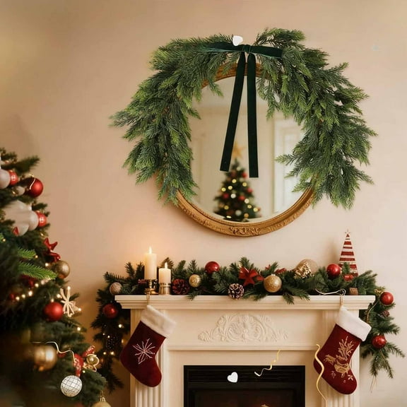 32in Cedarwood Artificial Plant Mirror Decoration, Green Plastic Christmas Wreath Ornament Light-Reflective Wall Decor for Living Room, Indoor Holiday Christmas Decorations & Festive Displays