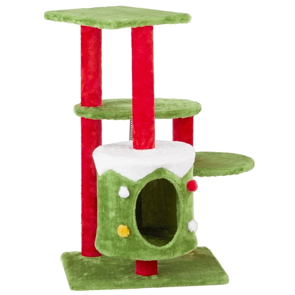 32in Christmas Themed Cat Tower with Cat Condo, 3-Level Plush Cat Tree Activity Center for Indoor Cats