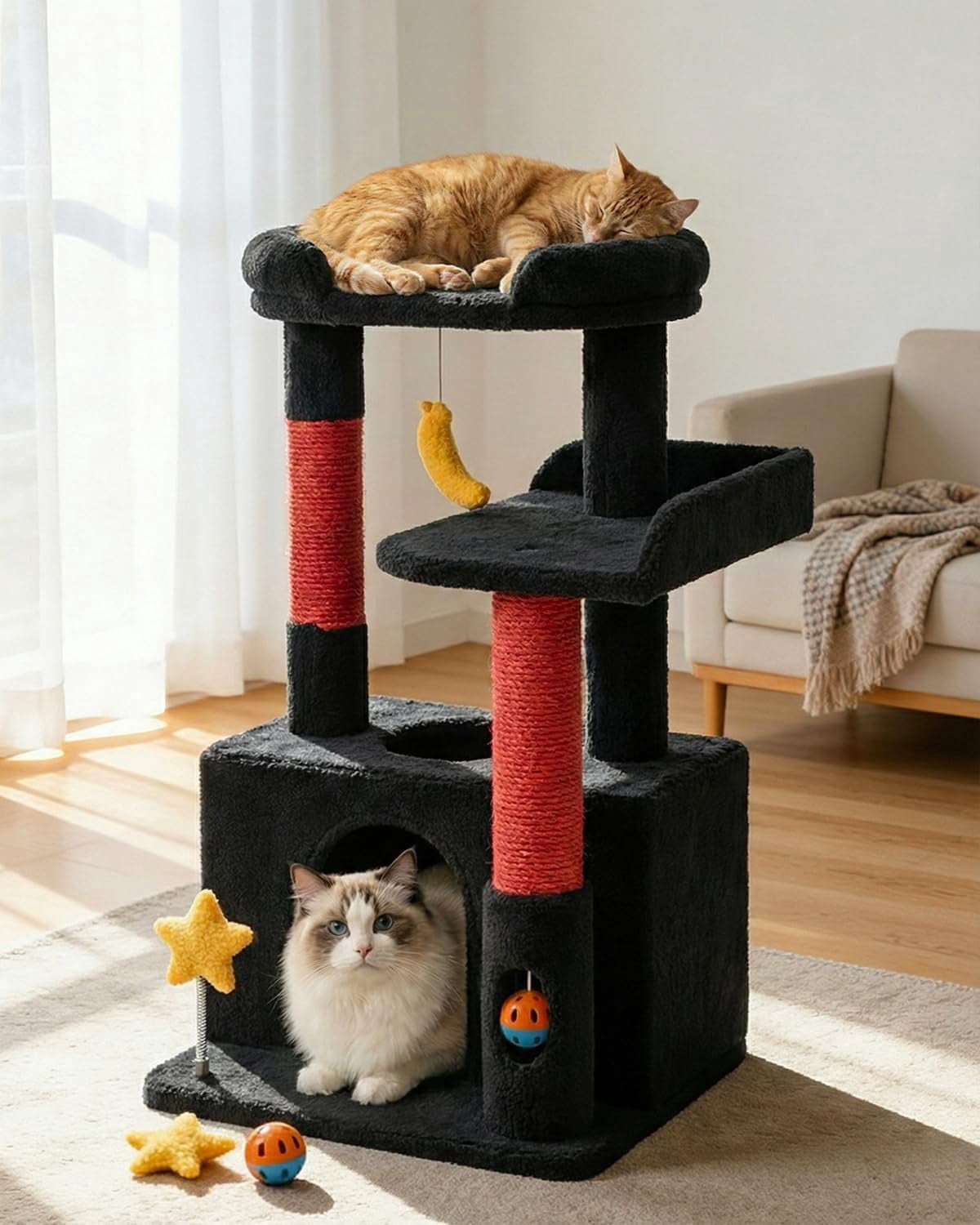 32in Cute Cat Tower For Indoor Cats With Condo  Plush Platform Hammock Sisal Posts Dangling Ball Tall Tree Self-grooming Brush (jet Black)
