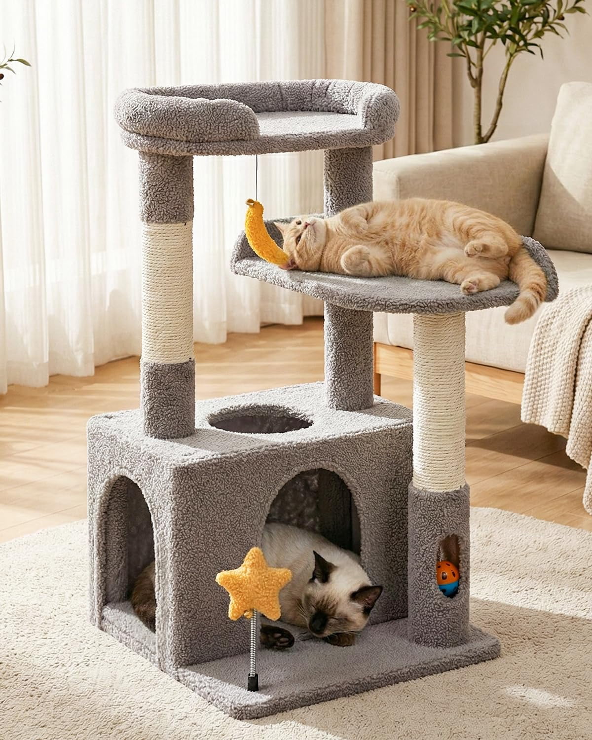 32in Cute Cat Tower For Indoor Cats With Condo  Plush Platform Hammock Sisal Posts Dangling Ball Tall Tree Self-grooming Brush (light Grey)