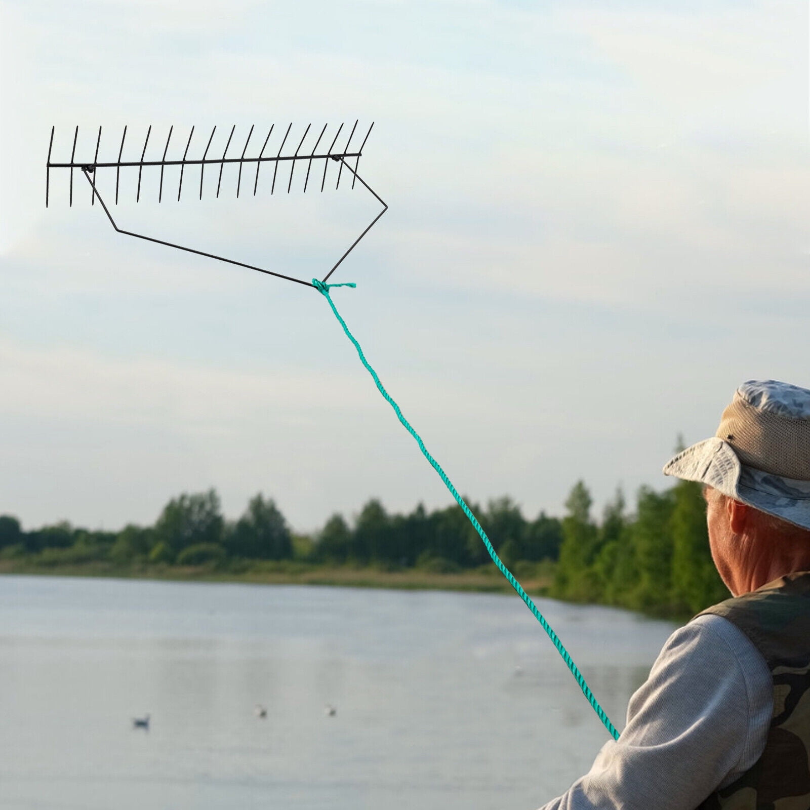 32in LONG REACH LAKE RAKE W/66ft/20m Rope for Aquatic Weeds and Beach Cleaning