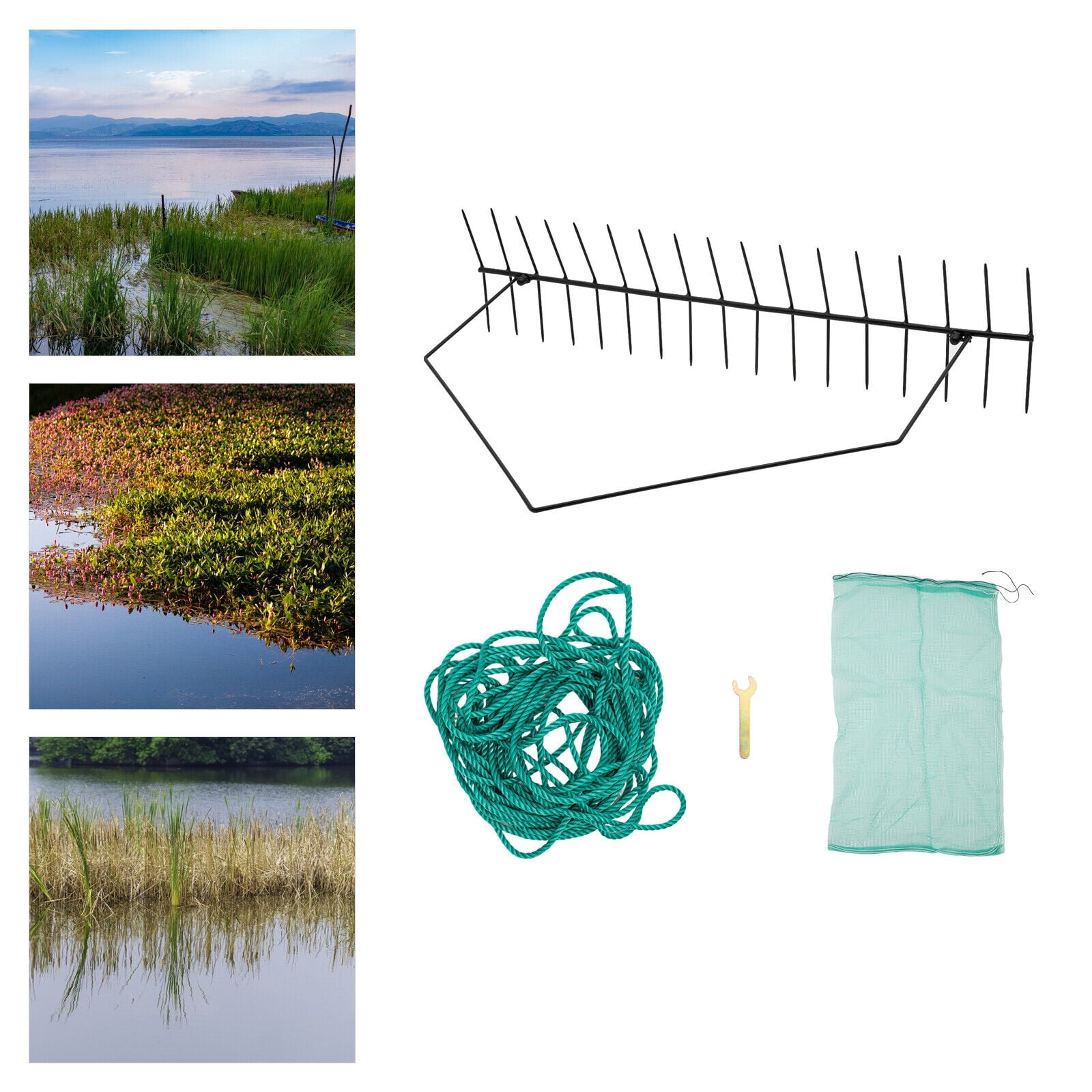 32in Lake/Pond Rake Double Sided Weed Rake W/66ft Rope Weed&Grass