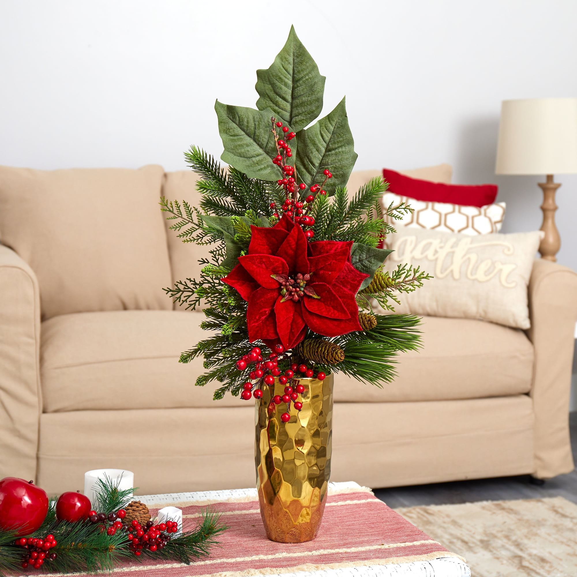 Nearly Natural 32" Poinsettia Berries Pine & Pinecone Arrangement in Gold/Red