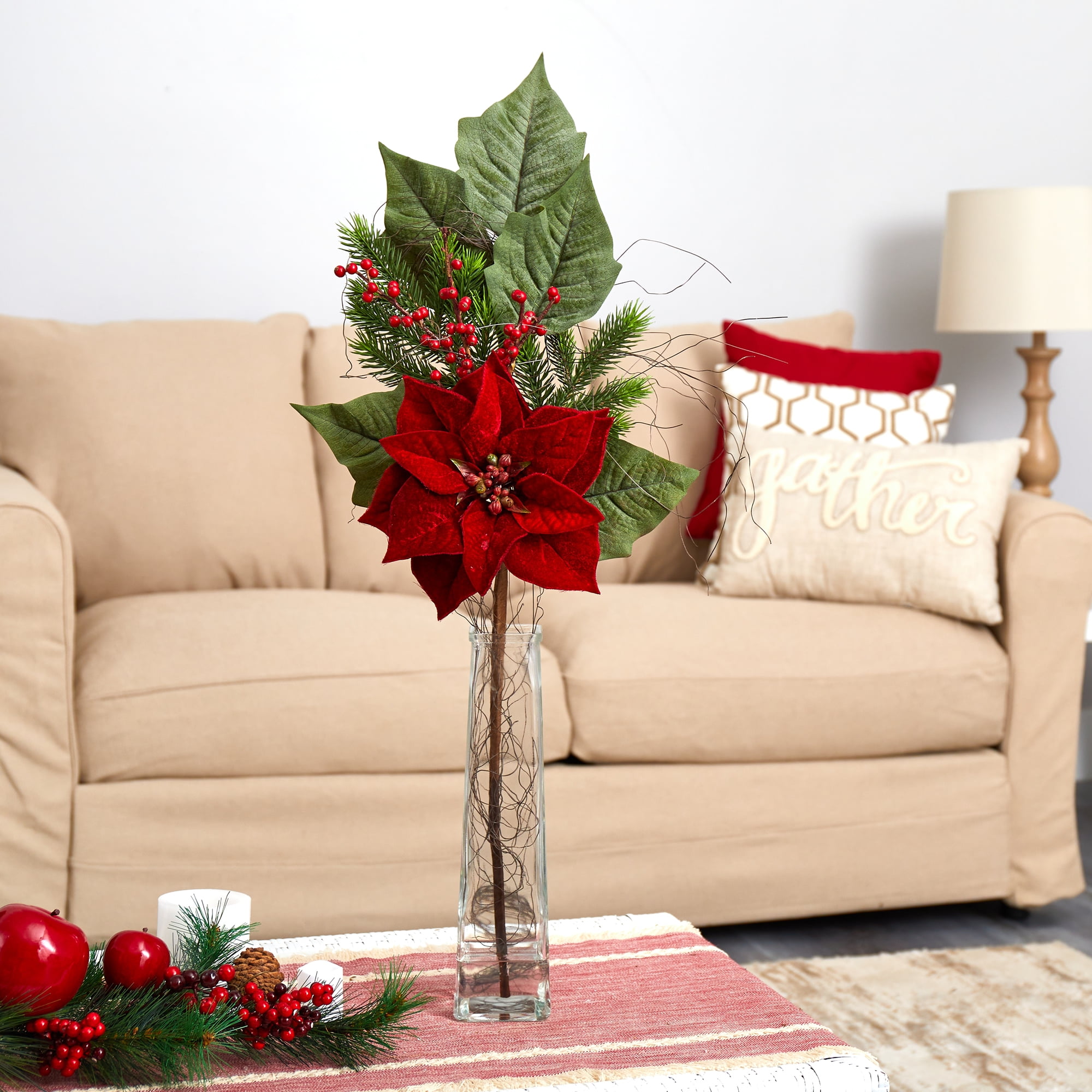 32in. Poinsettia, Berries and Pine Artificial Arrangement in Glass Vase