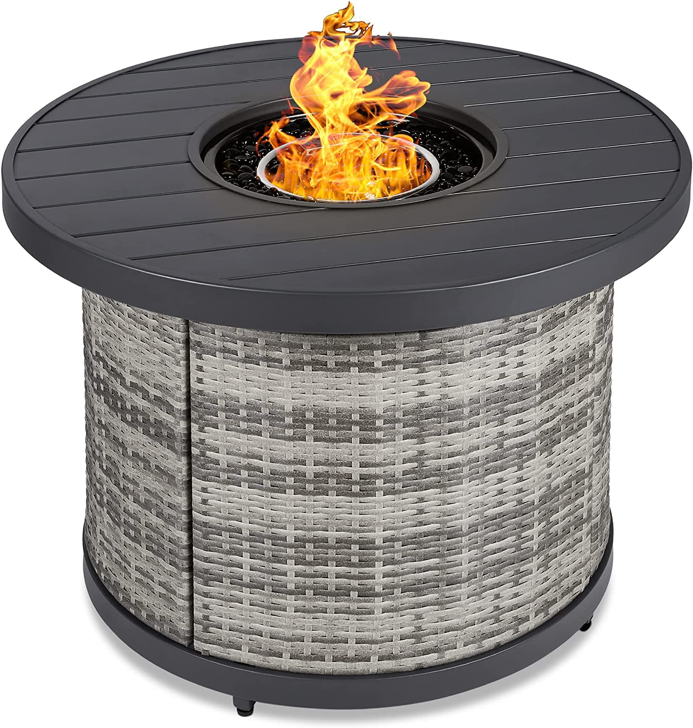 32'' Round Gray Wicker Gas Fire Pit Table with Faux Wood Top