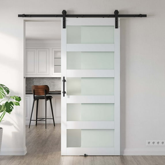 32in. W x 80in. H Glass Barn Door with Sliding Hardware Kit & Handle, Pre-Drilled Ready to Assemble, Waterproof PVC Coating, White, 5-Panel Glass