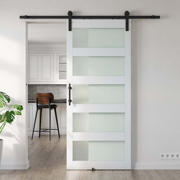 32in. W x 84in. H Glass Barn Door with Sliding Hardware Kit & Handle, Pre-Drilled Ready to Assemble, Waterproof PVC Coating, White, 5-Panel Glass