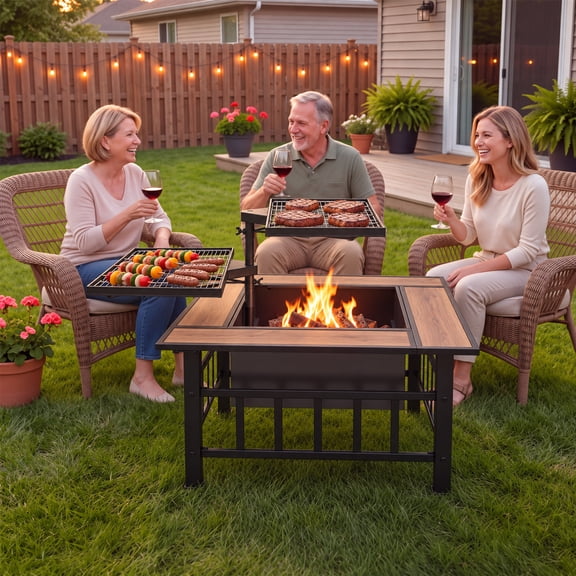 Bleed Square Fire Pit Table with 3 GrillsWood Burning Fire Pits for Outside,360 BBQ & Coffee Table , Fast-Cook Inner Layer3-in-1 Space-Saving Corner Design, Heavy-Duty Steel for Patio Balcony Gard