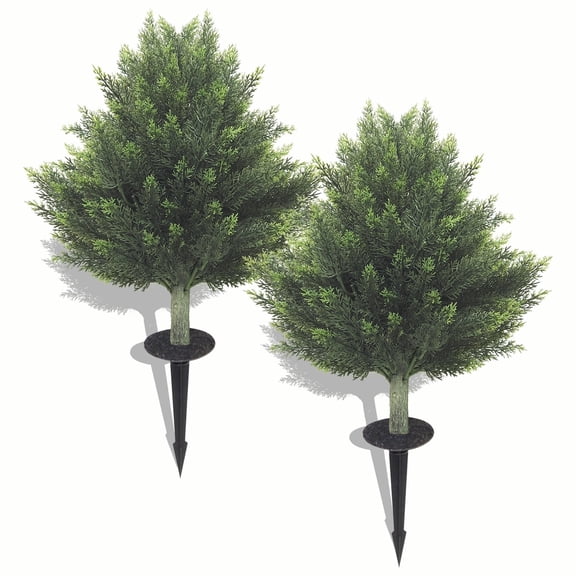 32inch Artificial Topiary Tree Set of 2 Beautiful Realistic Faux Cedar Pines Christmas Trees UV Rated Fake Shrubs for Front Porch Faux Plants Indoor and Outdoor Decor