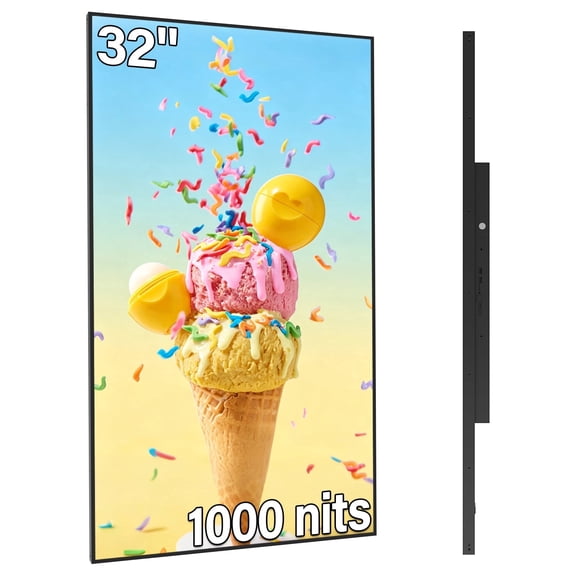 Pyimgus 32inch Digital Signage, 1000nits Advertising Display, Slim Fit Frameless LCD Monitor, CMS Remote Publishing, 24/7 Operation, Smart Split Screen Play, HDMI/USB/WiFi/Android System