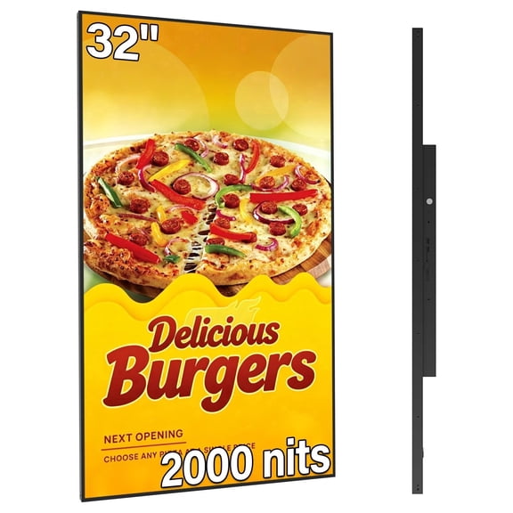 Pyimgus 32 Digital Signage, 2000nits High Brightness Advertising Display, Slim Fit Frameless LCD Monitor, CMS Remote Publishing, 24/7 Operation, Smart Split Screen Play, HDMI/USB/WiFi/Android System