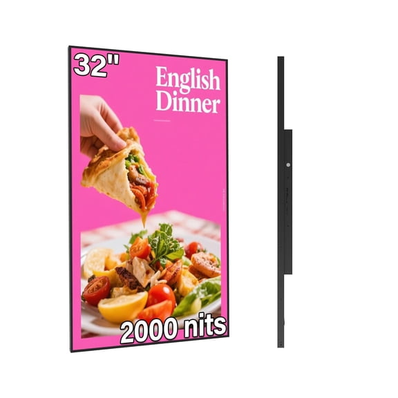 32inch Digital Signage, 2000nits High Brightness Advertising Display, Slim Fit Frameless LCD Monitor, CMS Remote Publishing, 24/7 Operation, Smart Split Screen Play, HDMI/USB/WiFi/Android System