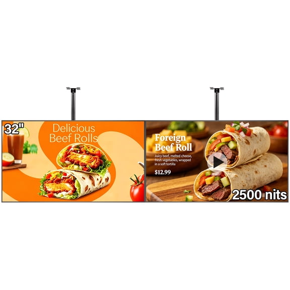 32inch Digital Signage, 2500 Nits High Brightness Advertising Display, Slim Fit Frameless LCD Monitor, CMS Remote Publishing, 24/7 Operation, Smart Split Screen Play, HDMI/USB/WiFi