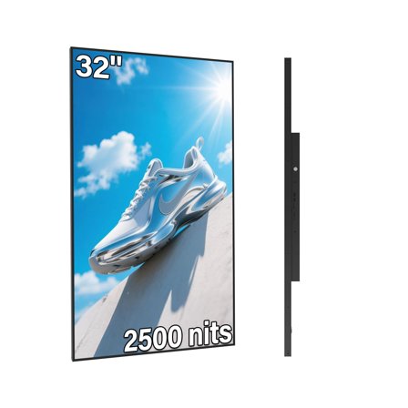 32inch Digital Signage, 2500nits High Brightness Advertising Display, Slim Fit Frameless LCD Monitor, CMS Remote Publishing, 24/7 Operation, Smart Split Screen Play, HDMI/USB/WiFi/Android System