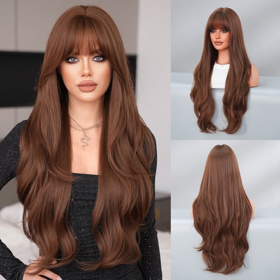 32inch Long Natural Look Wig Full Head Large Wave Style with Blunt Bangs