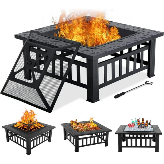 32inch Portable Fire Pit Table, Multi-Purpose Square Outdoor Fireplace, Metal Firepits for Outside w/Strong Steel Frame and Waterproof Cover, for Party, Picnic, Camp, and BBQ