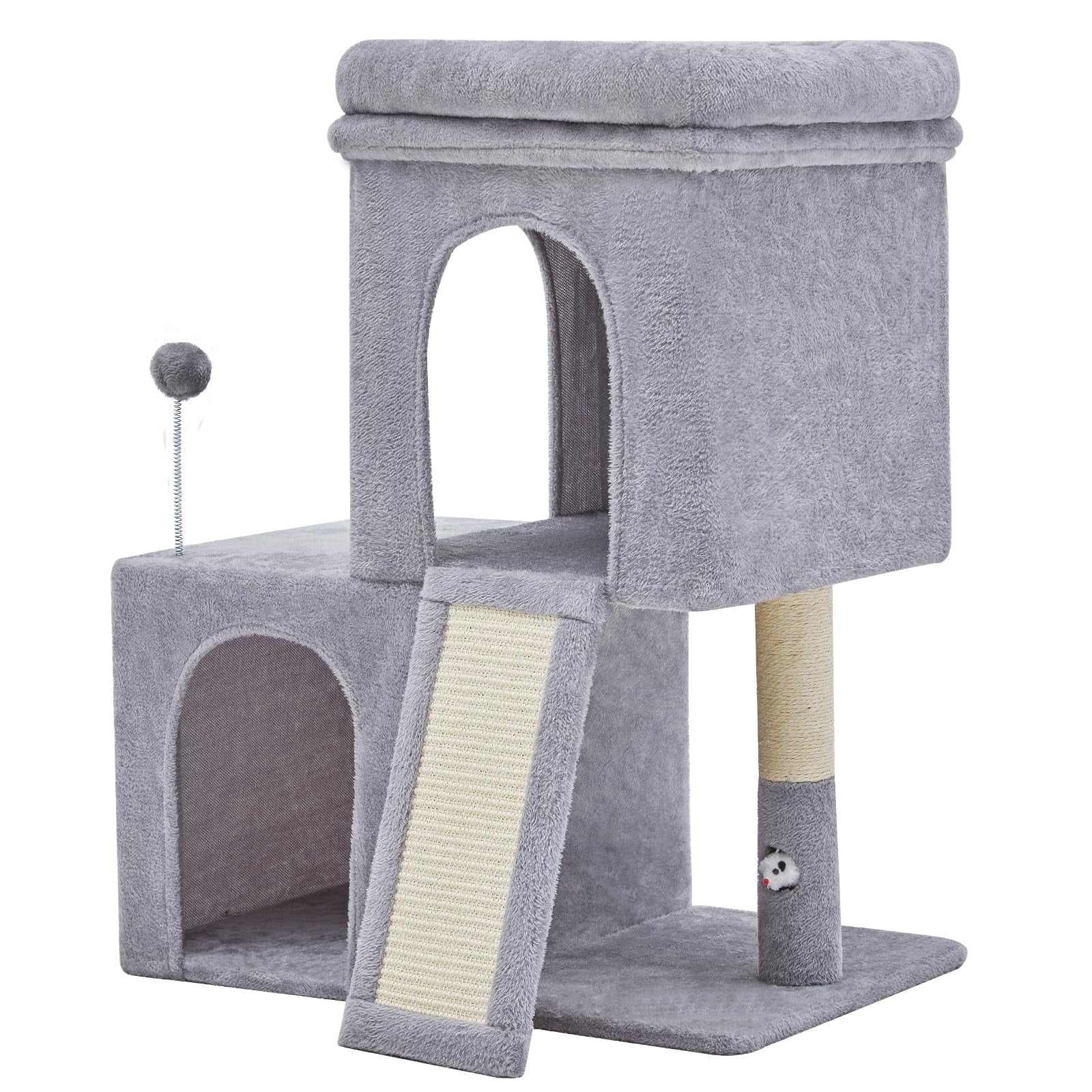 32inch Tall Cat Tree With 2 Condo For Adult Cats Cozy Tower And Scrather Board Of Different Ages.(light Grey)