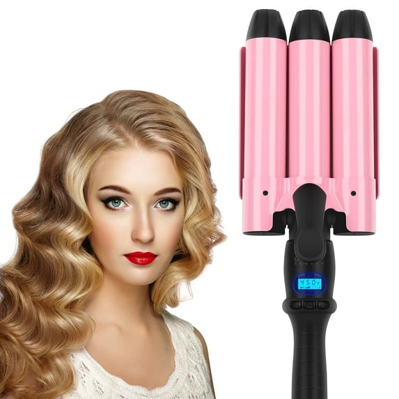 32mm (1.25") Hair Crimper, Aima Beauty 3 Barrel Hair Waver Temperature Adjustable, Large Wave Curling Iron with LCD Temperature Display Dual Voltage, Light Pink