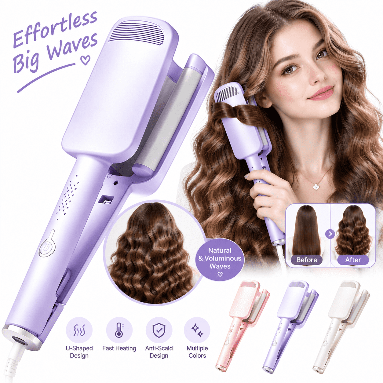 32mm Deep Wave Hair Curler – U-Shaped Barrel for Big Bouncy Waves, Pink ...