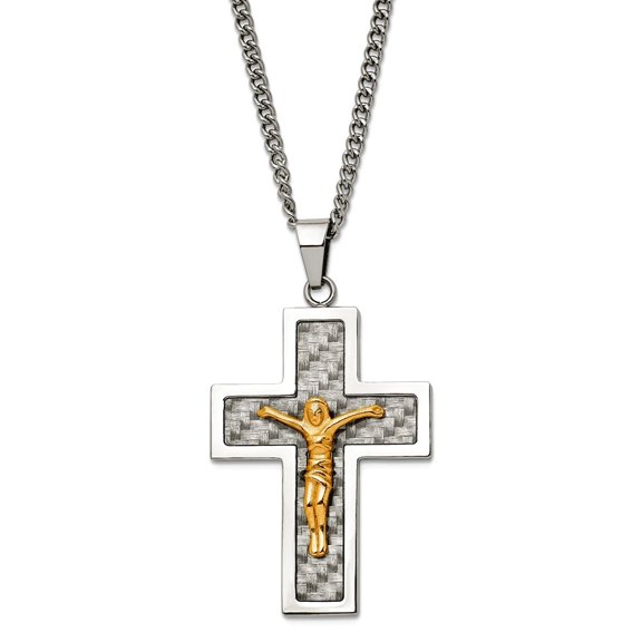 32mm Stainless Steel Polished Yellow Ip Plated Grey Carbon Fiber Inlay Crucifix Pendant a Curb Chain Necklace 24 Inch Ch
