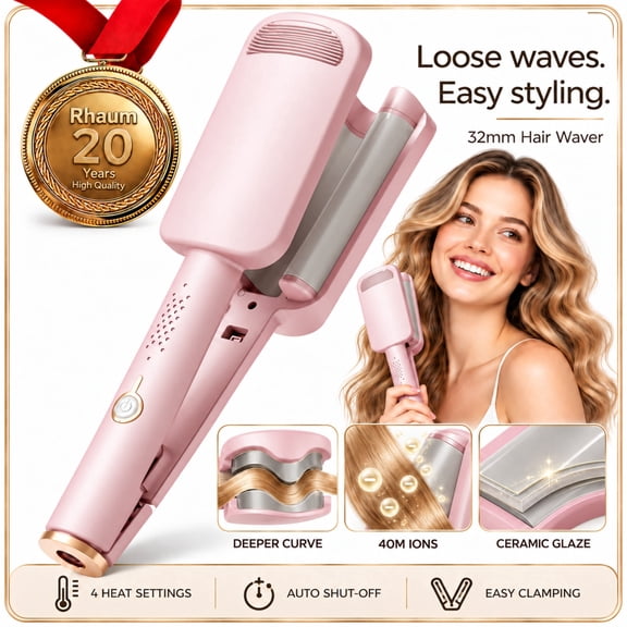 32mm Wavy Hair Curler, French Wave Curling Iron with 4 Heat Settings & Auto Shut-Off