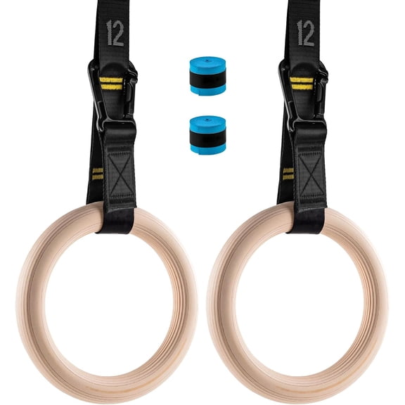 32mm Wooden Gymnastic Rings with Quick-Adjust Numbered Straps, Calisthenics Workout Rings with Non-Slip Hand Tapes, Adjustable Pull Up Rings for Home Gym, Indoor & Outdoor Strength Training