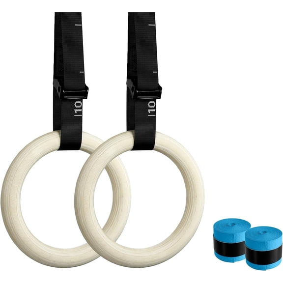 32mm Wooden Gymnastic Rings with Quick-Adjust Numbered Straps for Workout Control, Designed for Strength , Gym, Calisthenics & Travel Fitness