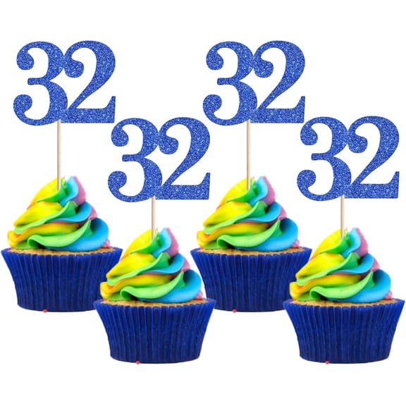32nd Birthday Cupcake Toppers 12 PCS, Blue Glitter Number 32 Cupcake Picks for 32nd Birthday Party Decorations
