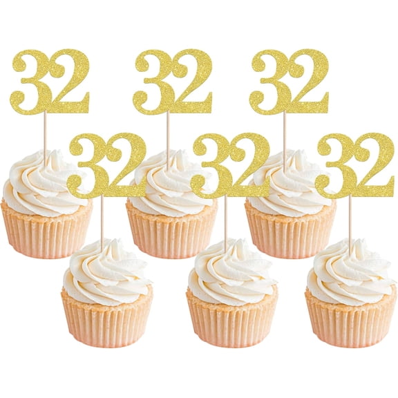 32nd Birthday Cupcake Toppers 12 PCS, Gold Glitter Number 32 Cupcake Picks for 32nd Birthday Party Decorations