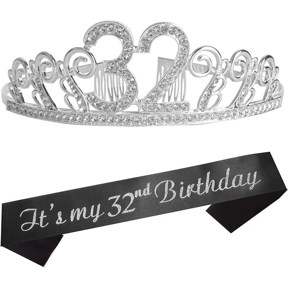 32nd Birthday Gifts for Girl, 32nd Birthday Tiara and Sash, Happy 32nd Birthday Party Supplies, 32 & Fabulous Glitter Satin Sash and Crystal Tiara Birthday Crown for 32nd Birthday Party Supply