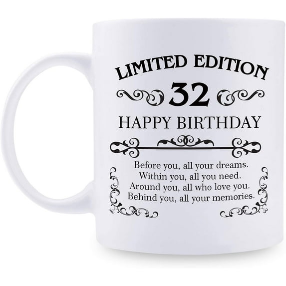 32nd Birthday Gifts for Women Men - 11 oz Coffee Mug - 32 Year Old Present Ideas for Mom, Dad, Wife, Husband, Son, Daughter, Friend, Colleague, Coworker (32nd Birthday Gift)