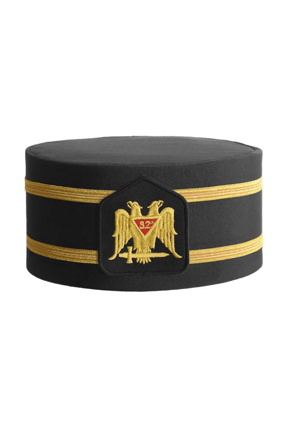 32nd Degree Scottish Rite Crown Cap - Black Rayon with Double Braid, Premium Masonic Headwear