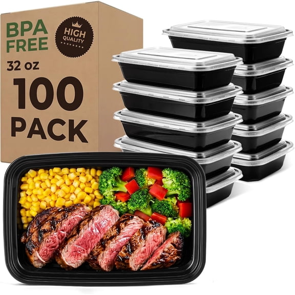 32oz 100 Pack(200 Piece) Meal Prep Containers Reusable Sturdy Food Storage Containers with Lids Microwave,Freezer,Dishwasher Safe Leakproof Airtight Plastic Bento Lunch Boxes for To Go Take Out
