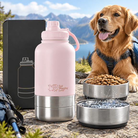 32oz 3-in-1 Pink Stainless Steel Travel Water Bottle for Dogs and Humans