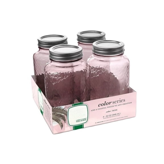 32oz 4-Pack Glass Regular Mouth Mason Color Jar with Lid and Band, Rose Pink, Dishwasher-Safe