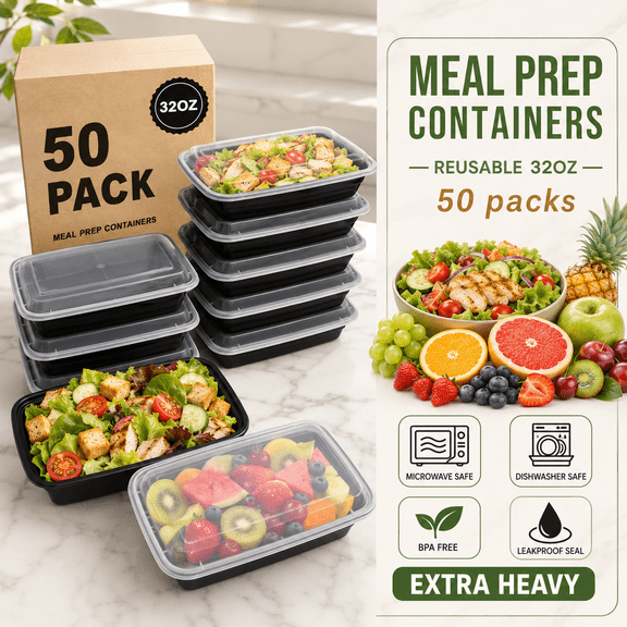 32oz 50-pack Plastic Food Storage Containers with Leakproof Lids